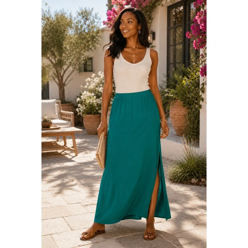 LOFT Maxi Skirt Womens Medium Green Pull On Side Slits Half Lined Resort Boho